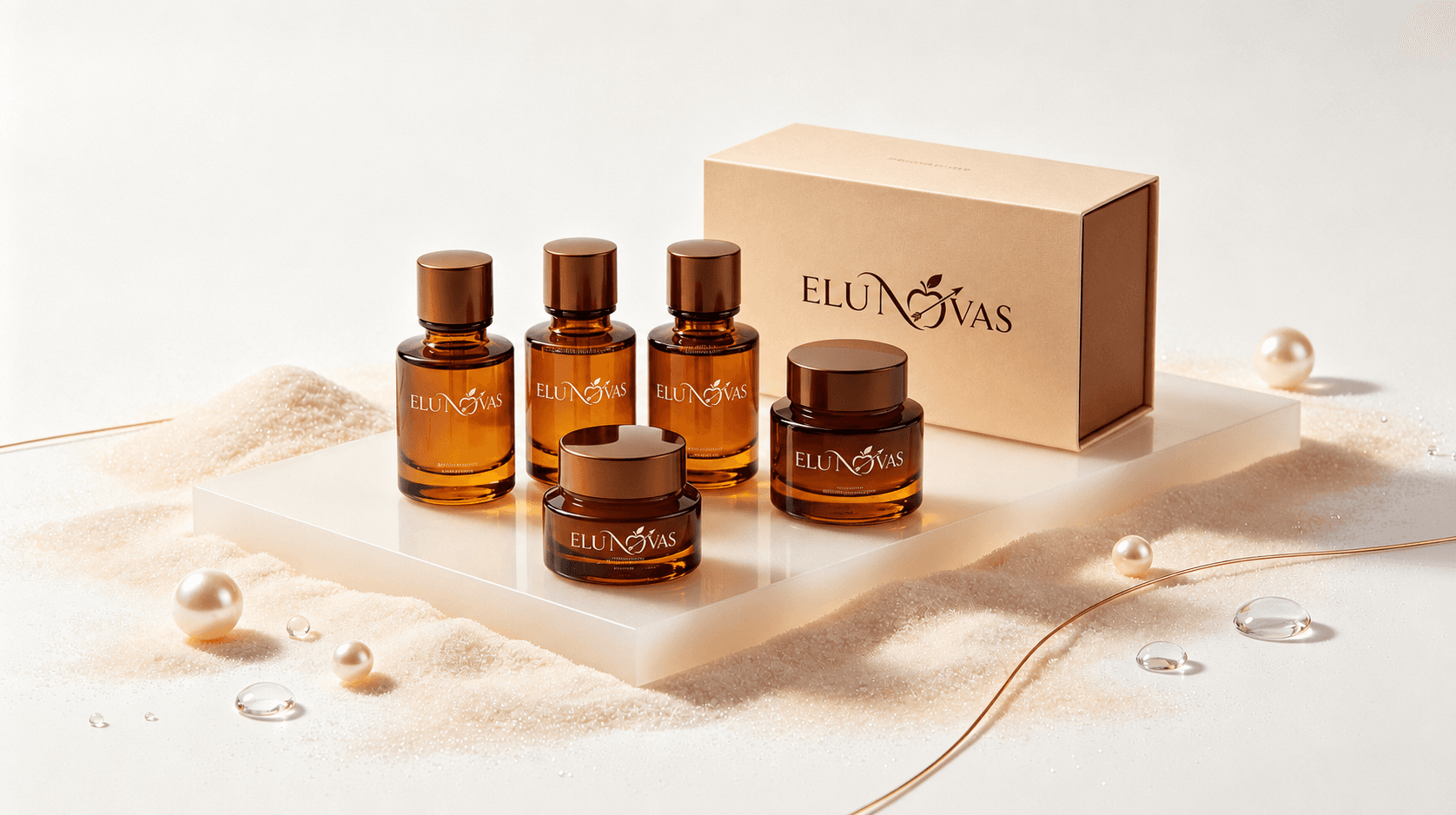 ELUNOVAS premium skincare bottles arranged with botanical elements